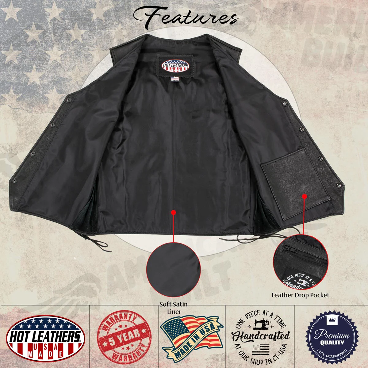 Hot Leathers VSM5008 USA Made Men's 'Buster' Black Side Lace Premium Leather Vest - Image 5