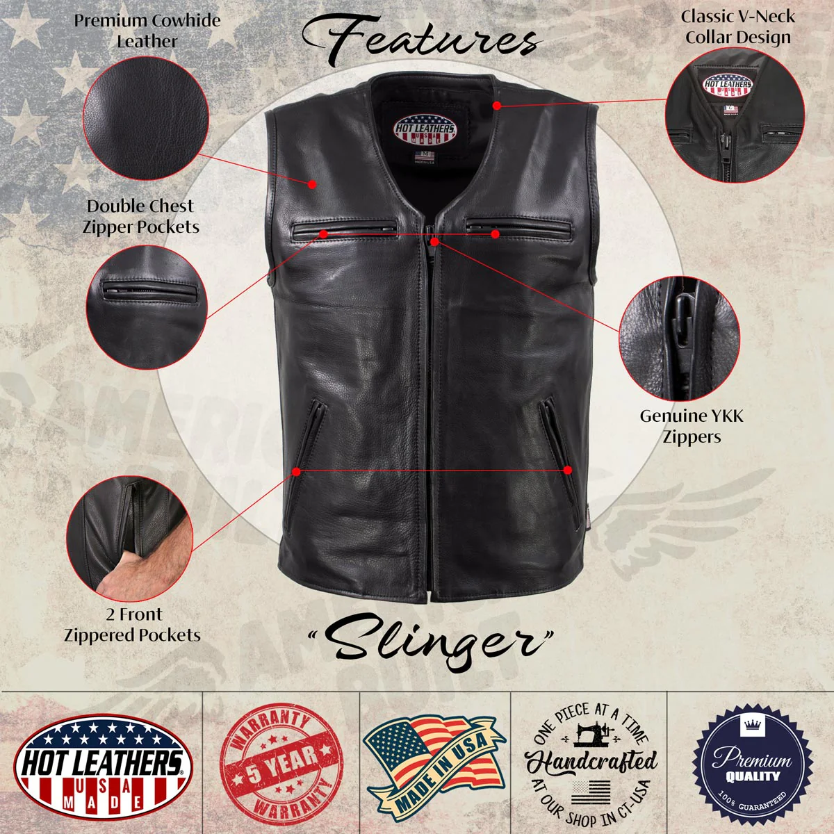 Hot Leathers VSM5009 USA Made Men's 'Slinger' Black V-Neck Premium Leather Zippered Vest - Image 2