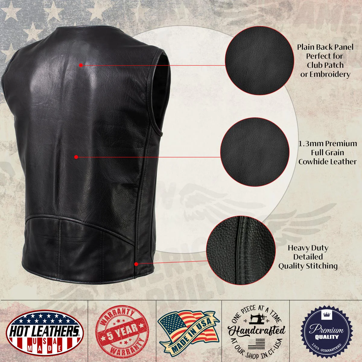 Hot Leathers VSM5009 USA Made Men's 'Slinger' Black V-Neck Premium Leather Zippered Vest - Image 4
