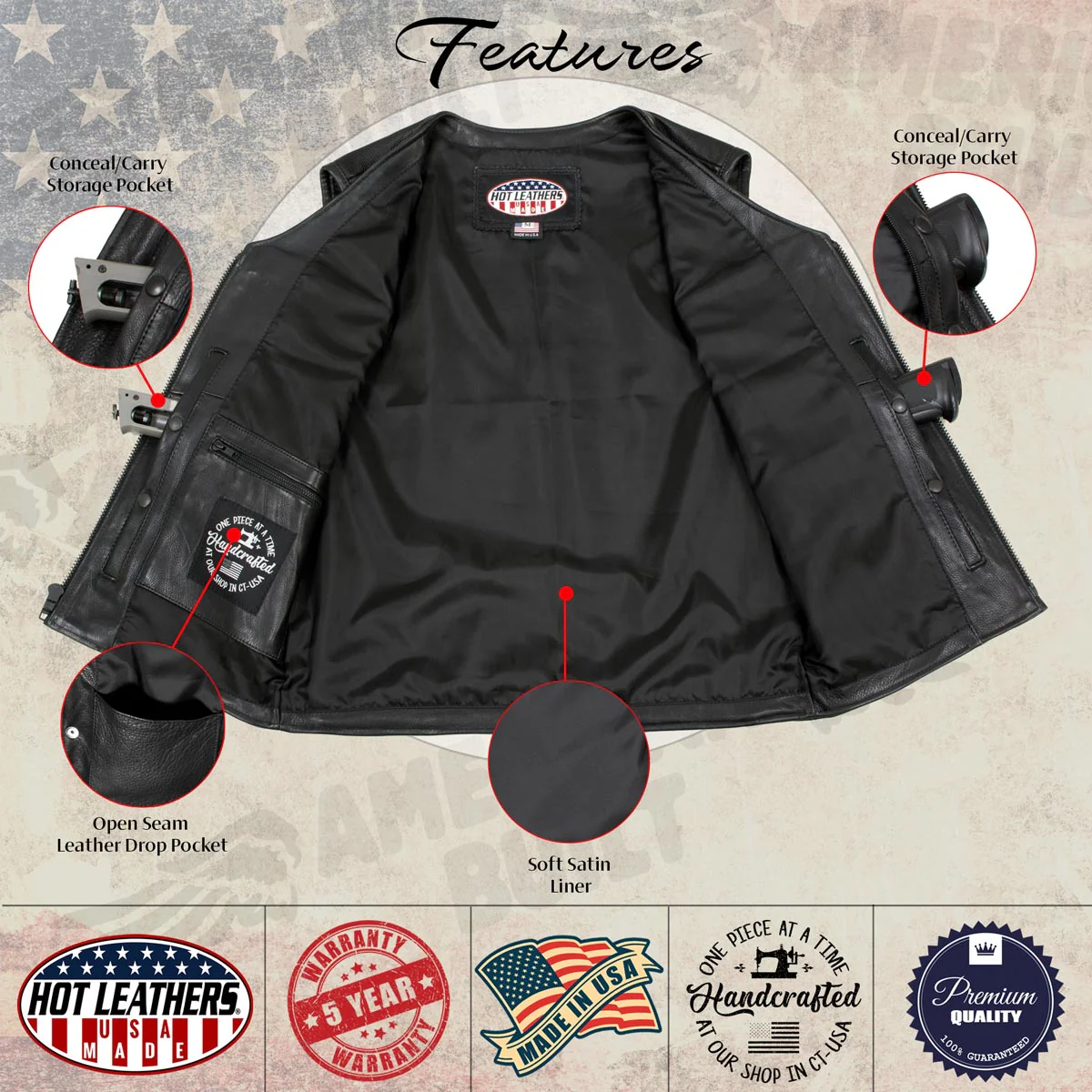 Hot Leathers VSM5009 USA Made Men's 'Slinger' Black V-Neck Premium Leather Zippered Vest - Image 5