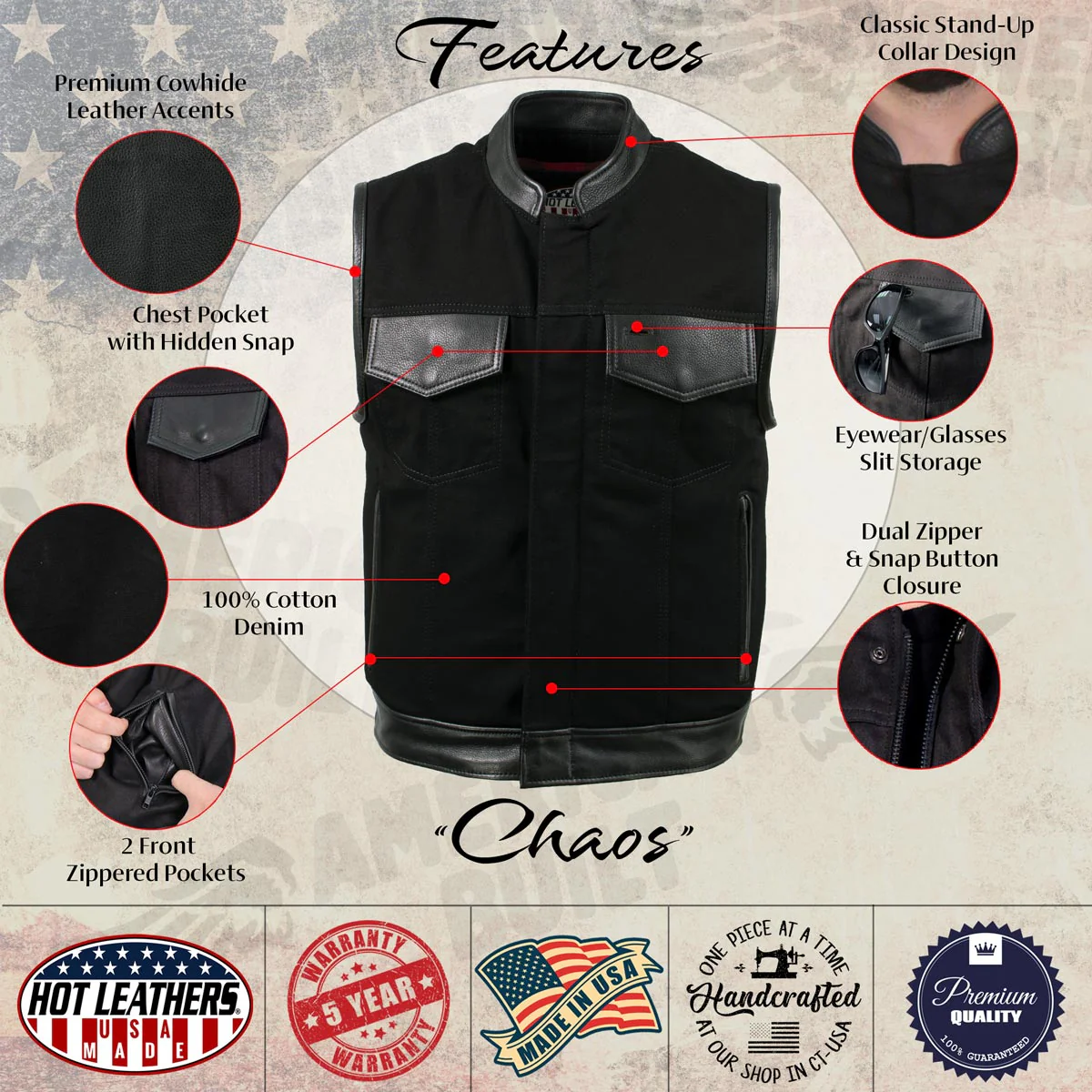 Hot Leathers VSM5101 USA Made Men's 'Burn Out' Black Denim and Leather Vest with Plaid Red Lining - Image 2