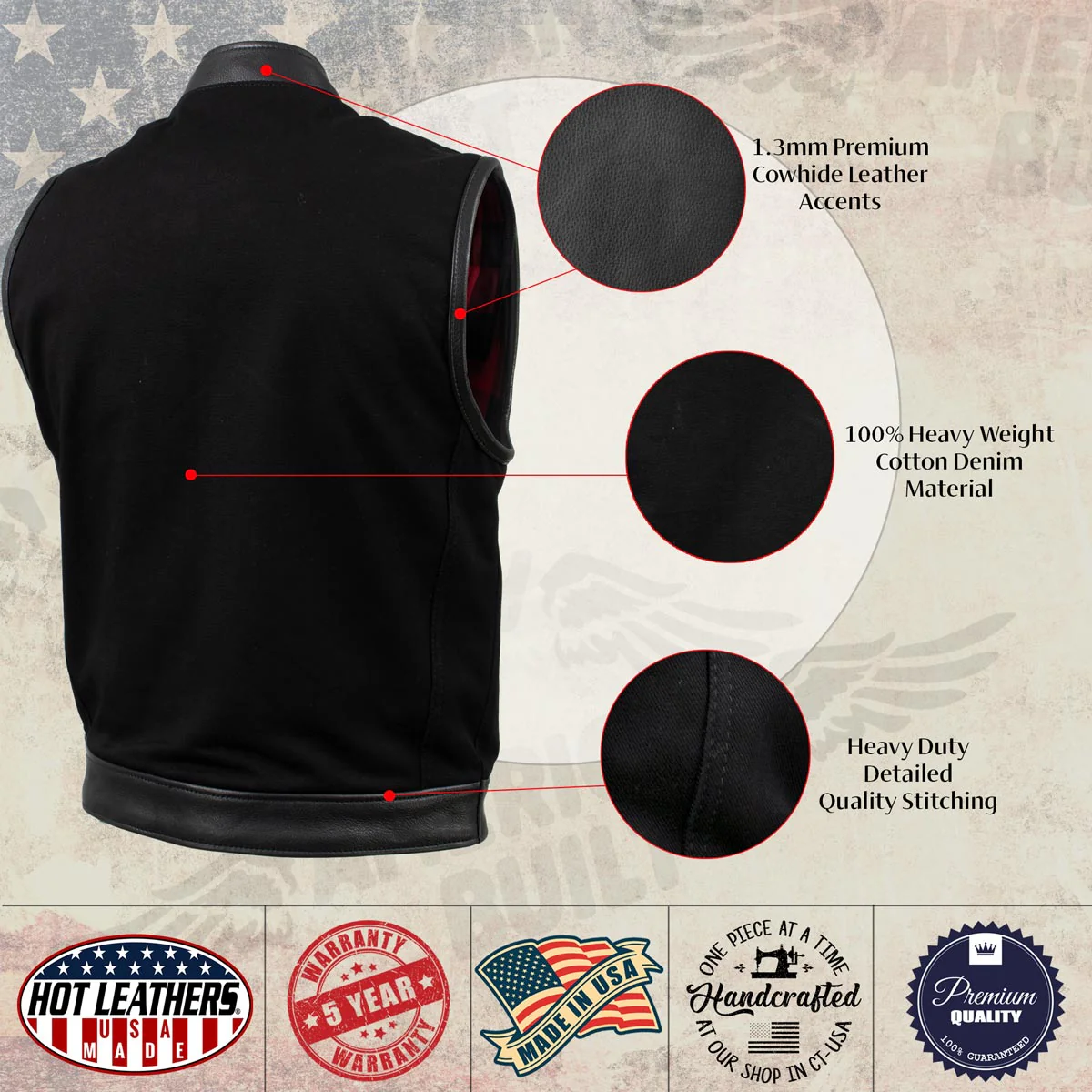 Hot Leathers VSM5101 USA Made Men's 'Burn Out' Black Denim and Leather Vest with Plaid Red Lining - Image 4