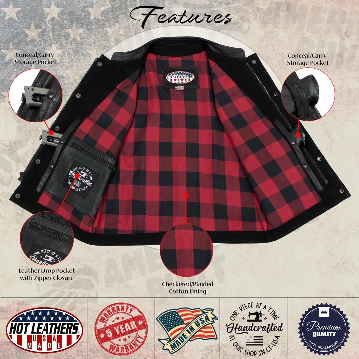 Hot Leathers VSM5101 USA Made Men's 'Burn Out' Black Denim and Leather Vest with Plaid Red Lining - Image 5