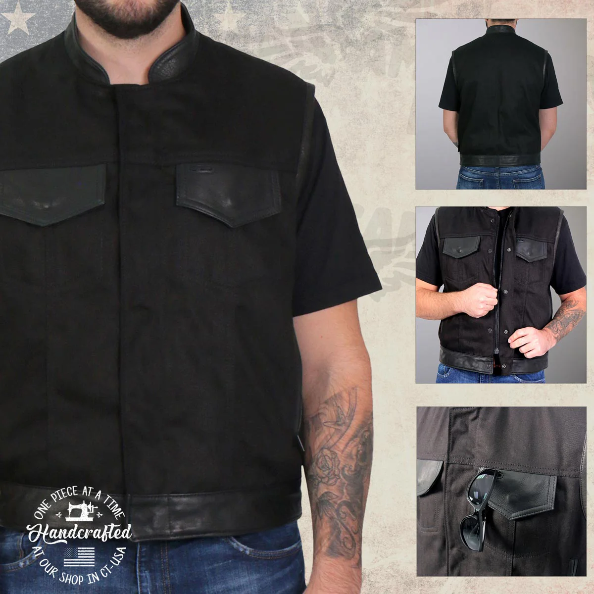 Hot Leathers VSM5101 USA Made Men's 'Burn Out' Black Denim and Leather Vest with Plaid Red Lining - Image 6