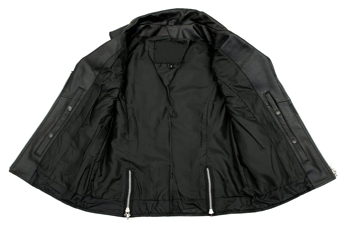 Ladies XS773 Black Zippered M/C Lapel Leather Vest - Image 3