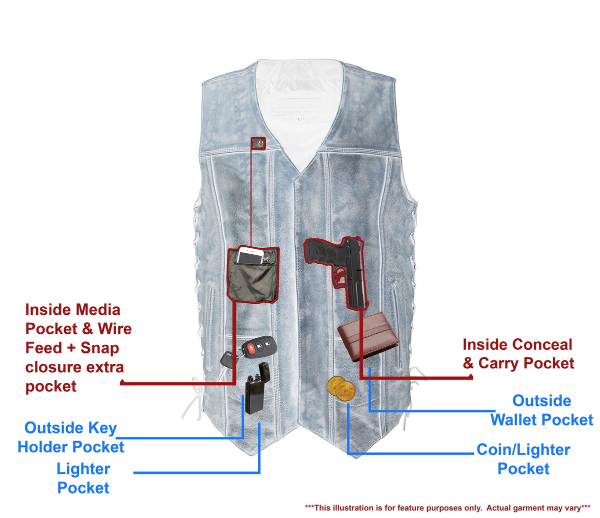 M Boss Motorcycle Apparel BOS13501 Men's Distressed Brown Leather 10 Pocket Motorcycle Vest w/ Quick Draw Pocket - Image 2