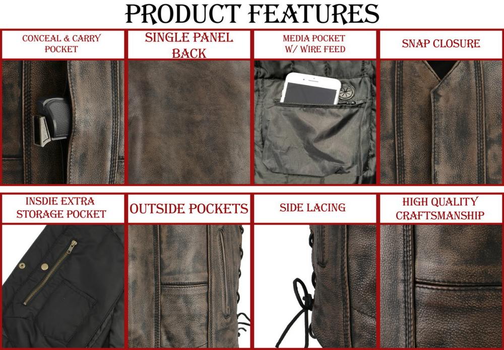 M Boss Motorcycle Apparel BOS13501 Men's Distressed Brown Leather 10 Pocket Motorcycle Vest w/ Quick Draw Pocket - Image 3