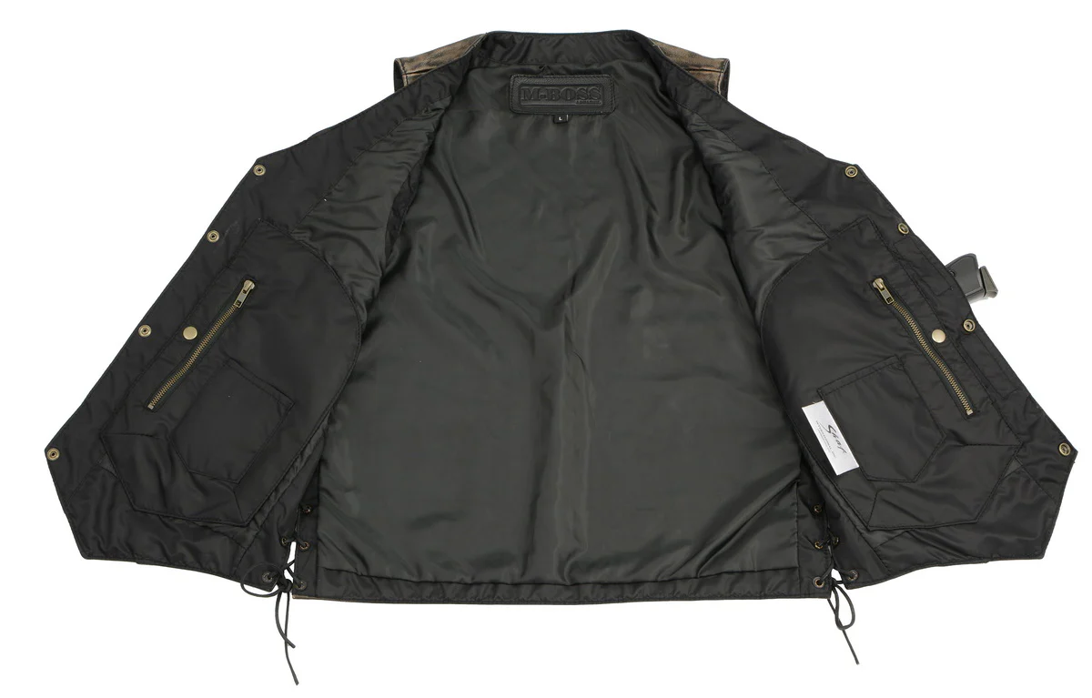 M Boss Motorcycle Apparel BOS13501 Men's Distressed Brown Leather 10 Pocket Motorcycle Vest w/ Quick Draw Pocket - Image 5