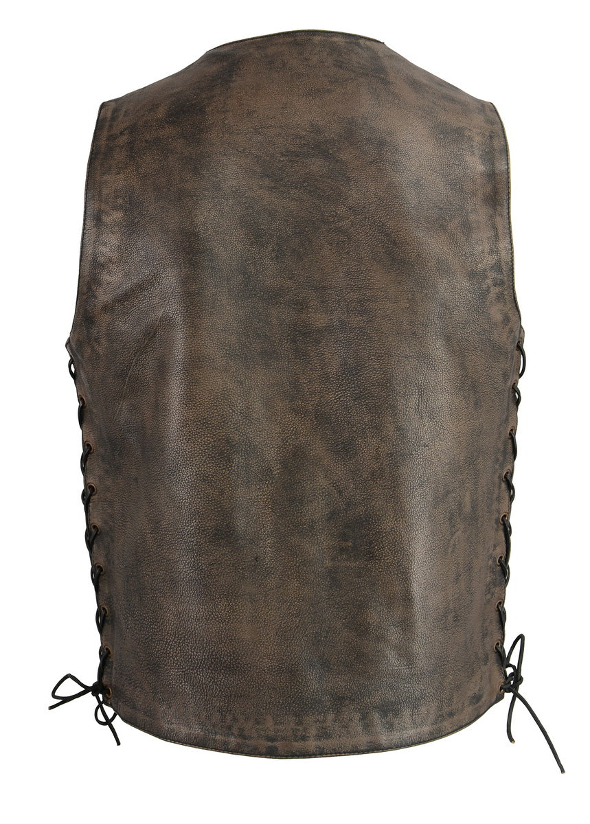 M Boss Motorcycle Apparel BOS13501 Men's Distressed Brown Leather 10 Pocket Motorcycle Vest w/ Quick Draw Pocket - Image 7