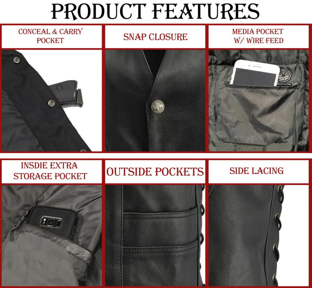 M Boss Motorcycle Apparel BOS13507 Men's Black Side Lace Leather Vest with Buffalo Nickel Snaps - Image 3