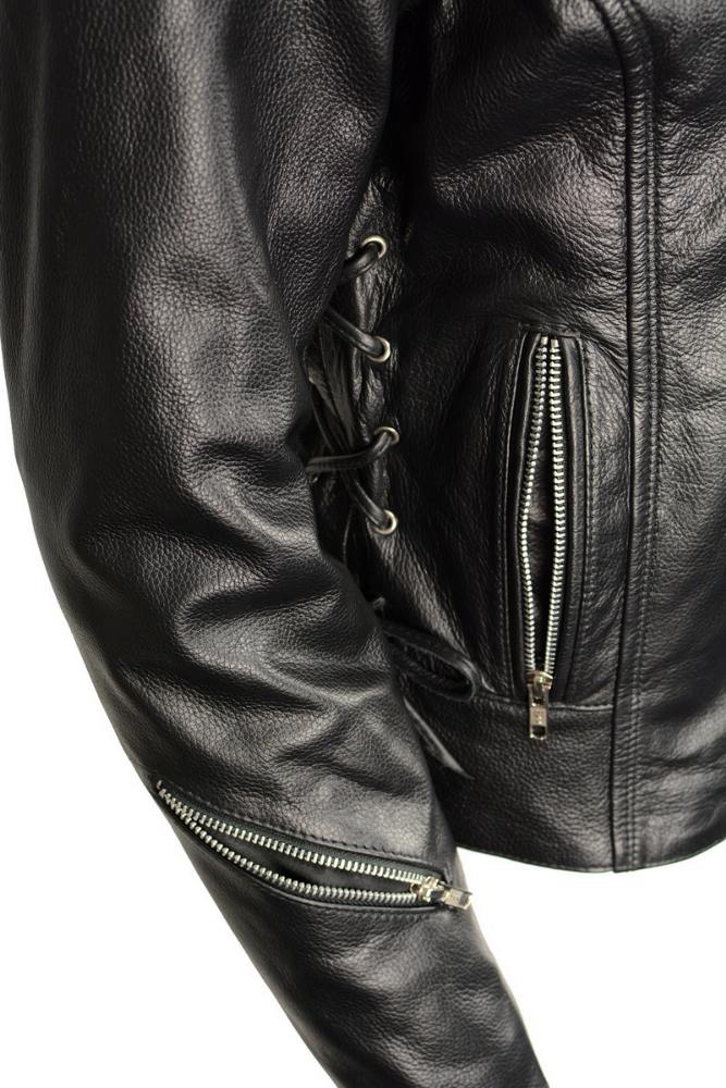 M Boss Motorcycle Apparel BOS22503 Women's Black Armored Motorcycle Leather Jacket with Back Lacing Detail - Image 4