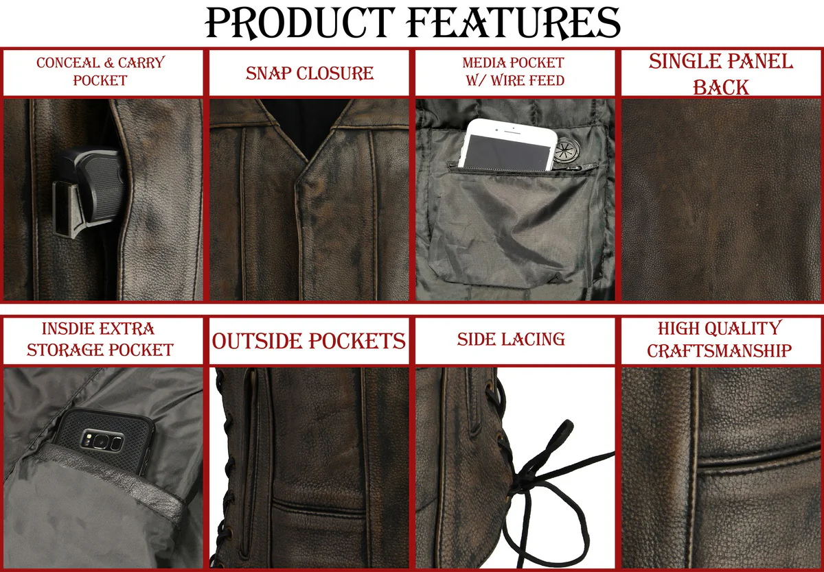 M Boss Motorcycle Apparel BOS24500 Women's Distressed Brown Leather 6 Pocket Motorcycle Biker Rider Vest - Image 5