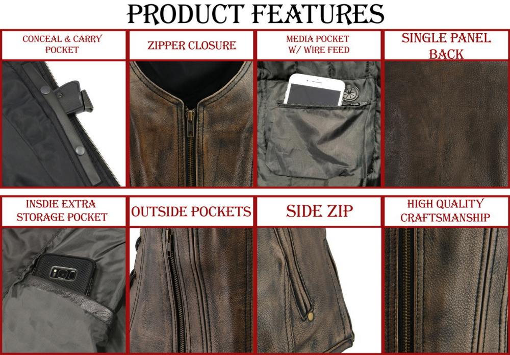M Boss Motorcycle Apparel BOS24501 Women's Black and Beige Leather Plain Side Motorcycle Biker Rider Vest - Image 4
