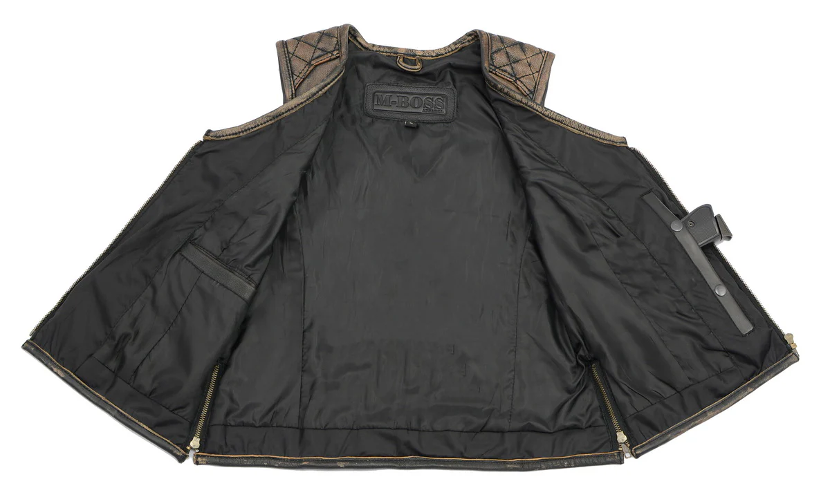 M Boss Motorcycle Apparel BOS24501 Women's Black and Beige Leather Plain Side Motorcycle Biker Rider Vest - Image 5