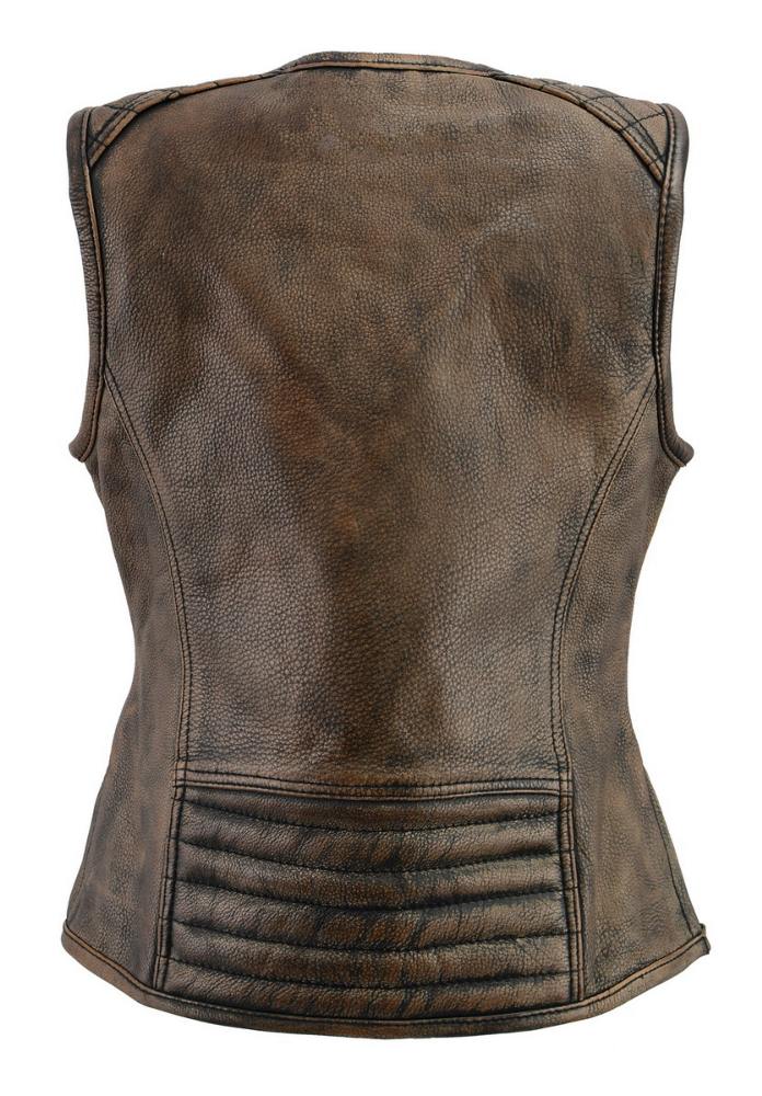 M Boss Motorcycle Apparel BOS24501 Women's Black and Beige Leather Plain Side Motorcycle Biker Rider Vest - Image 6