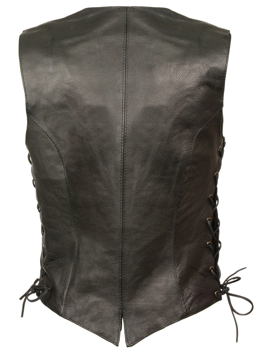 M Boss Motorcycle Apparel BOS24502 Women's Classic Black Leather Snap Front Motorcycle Vest with Side Laces - Image 4