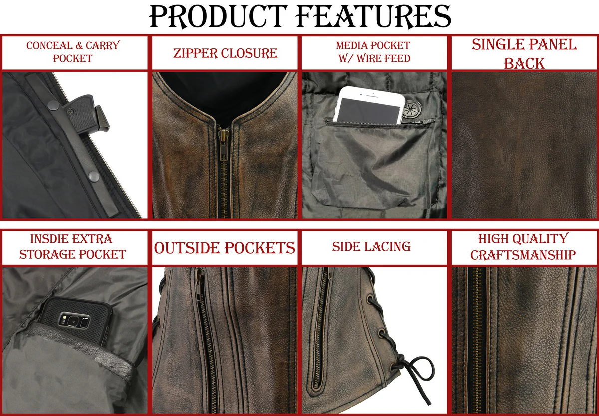 M Boss Motorcycle Apparel BOS24503 Women's Black Leather Motorcycle Biker Rider Vest with Side Laces - Image 5