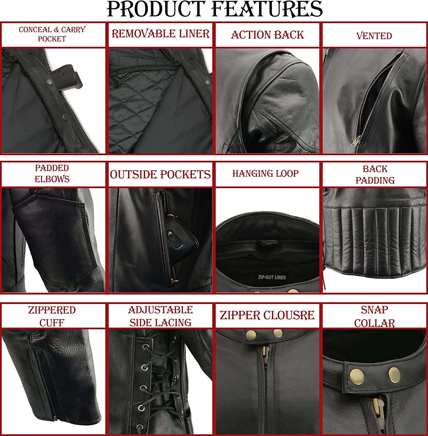 M-Boss Motorcycle Apparel BOS11510 Men’s ‘Speed’ Black Cowhide Leather Motorcycle Riding Jacket - Image 3