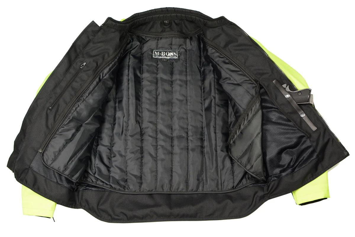 M Boss Motorcycle Apparel BOS11701 Men's High-Vis Green Nylon Motorcycle Racer Riding Jacket with Mesh Panel Black - Image 8