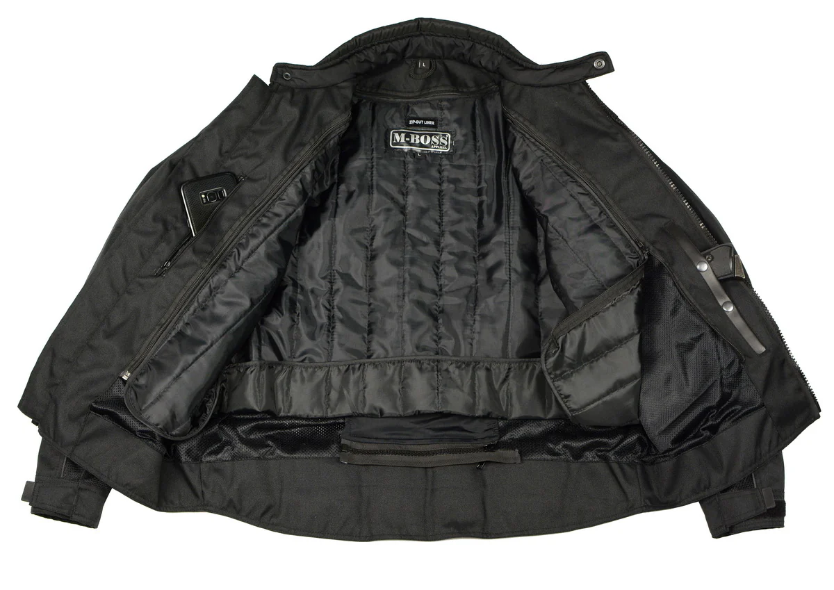 M Boss Motorcycle Apparel BOS11703 Men's Black Nylon and Mesh Motorcycle Racer Riding Jacket with Reflective Piping - Image 6
