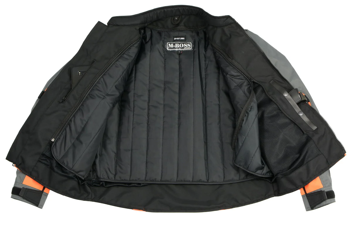M Boss Motorcycle Apparel BOS11706 Men's Grey/Hi-Vis Orange Nylon Motorcycle Racer Jacket with Armor Protection - Image 6