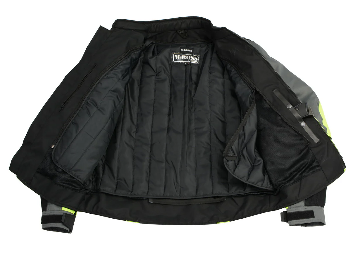 M Boss Motorcycle Apparel BOS11706 Men's Black/Hi-Vis Green Nylon Motorcycle Racer Jacket with Armor Protection - Image 5