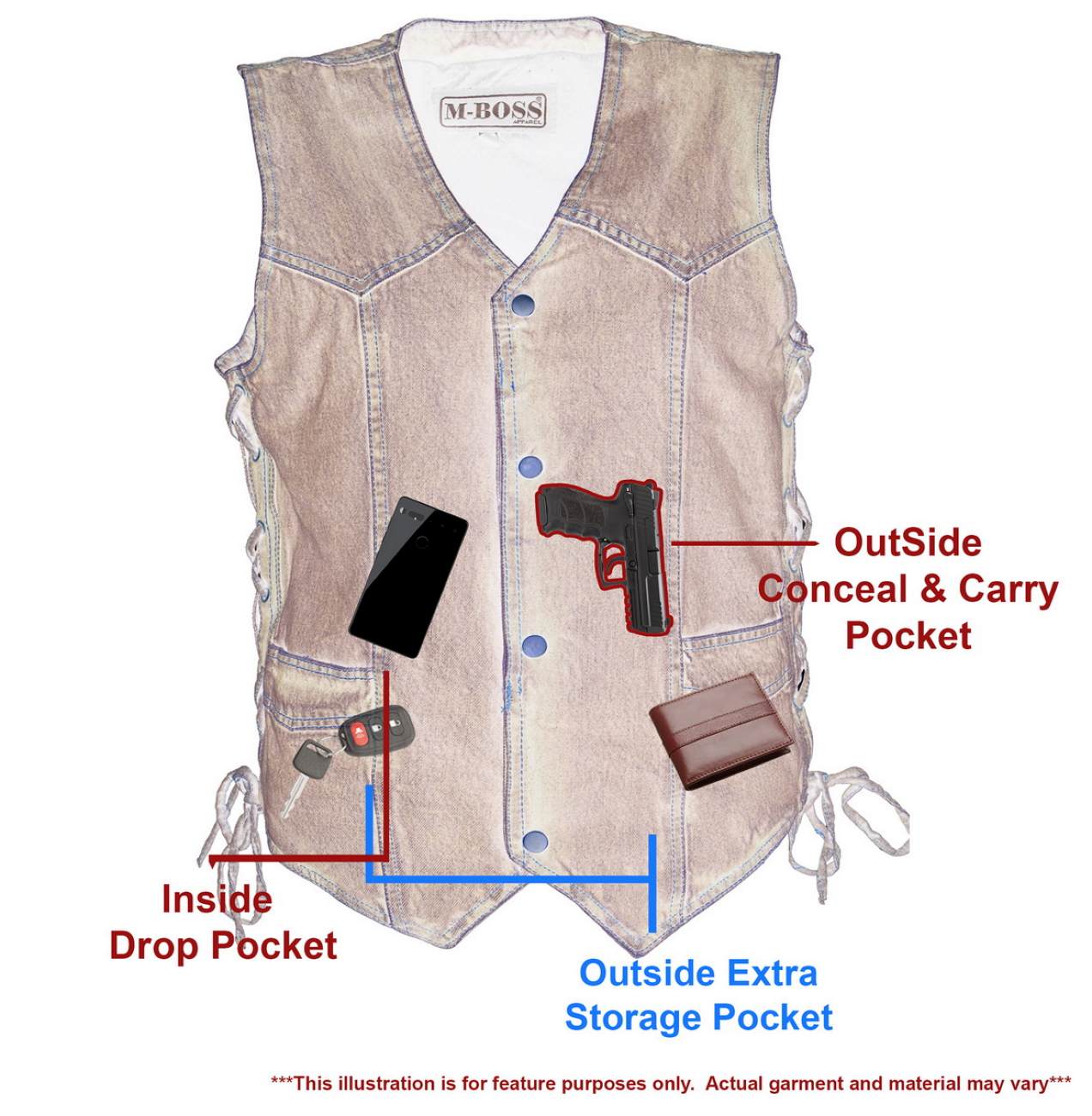 M Boss Motorcycle Apparel BOS13003 Men's Blue Denim Motorcycle Side Lace Vest with Quick Draw Pocket - Image 2