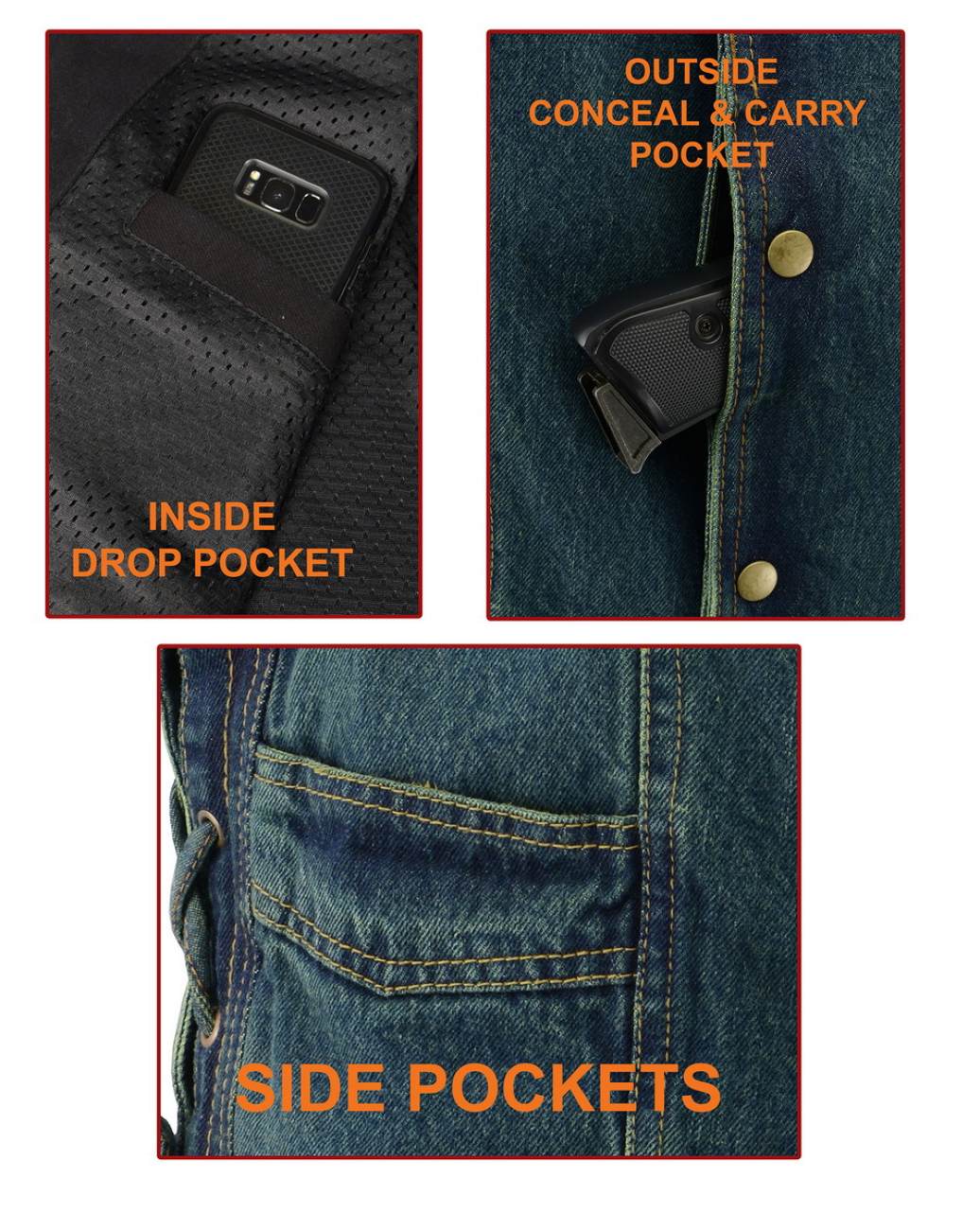 M Boss Motorcycle Apparel BOS13003 Men's Blue Denim Motorcycle Side Lace Vest with Quick Draw Pocket - Image 4