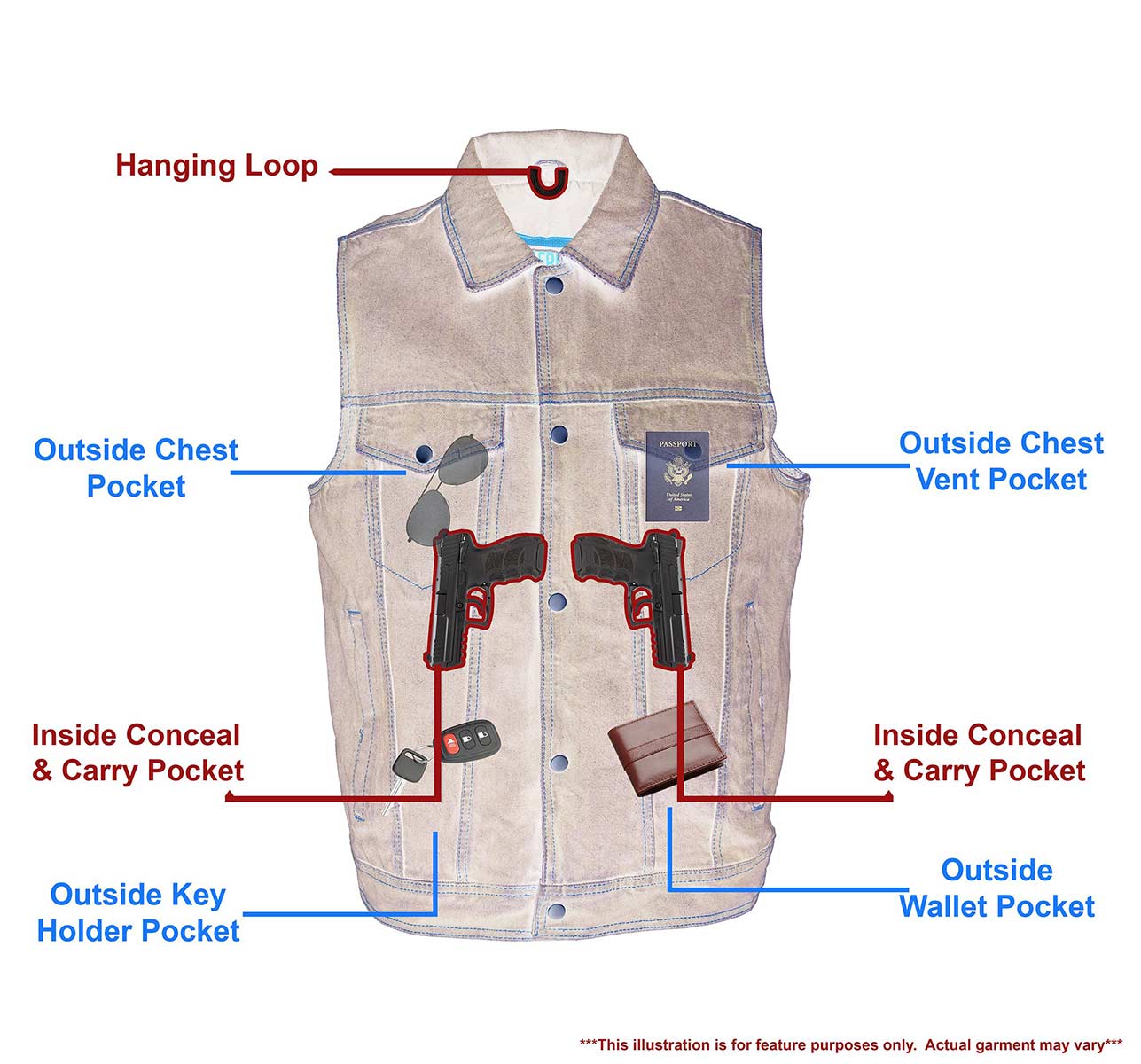 M-Boss Motorcycle Apparel BOS13006 Men’s Classic Blue Denim Biker Vest - Image 2
