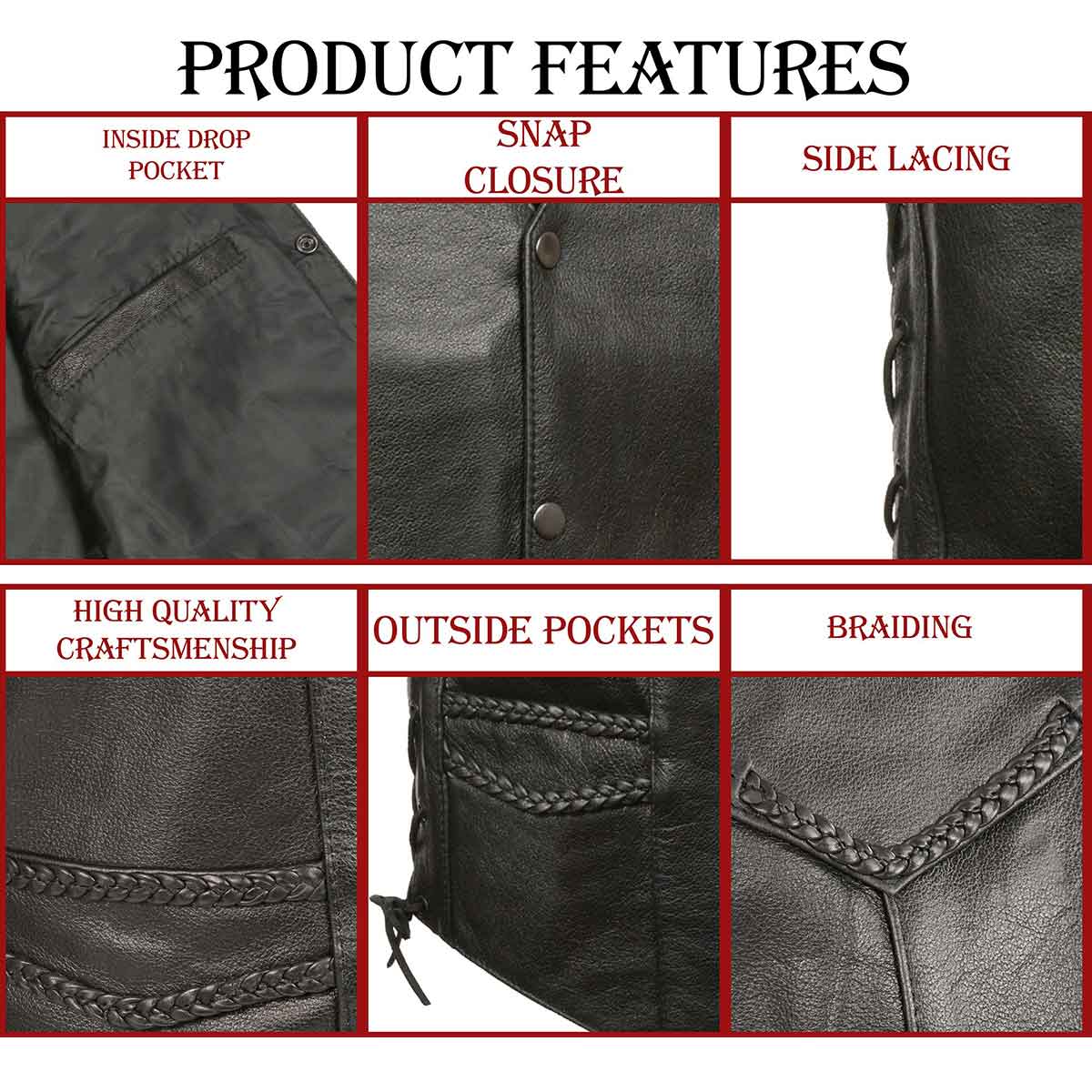 M-Boss Motorcycle Apparel BOS13512 Men’s Braided Motorcycle Biker Leather Vest with Side Laces - Image 5