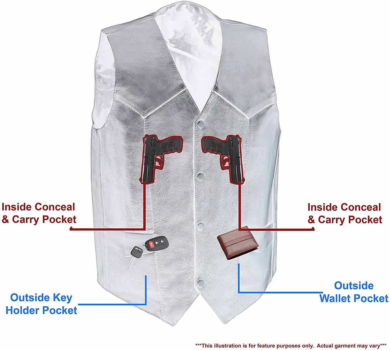 M-Boss Motorcycle Apparel BOS13514T Men’s Black Classic Western Style Conceal/Carry Biker Leather Vest in TALL SIZES - Image 2