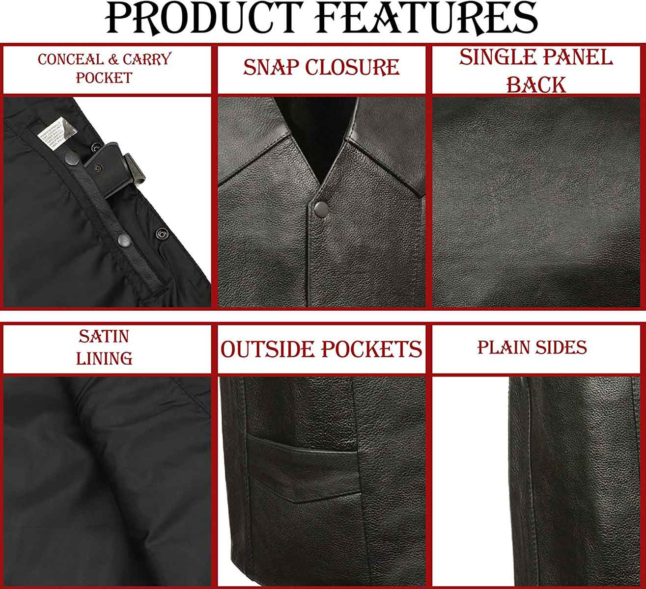 M-Boss Motorcycle Apparel BOS13514T Men’s Black Classic Western Style Conceal/Carry Biker Leather Vest in TALL SIZES - Image 4