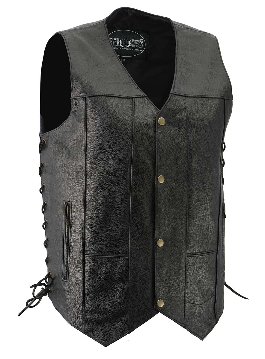 M-Boss Motorcycle Apparel BOS13517 Men’s Classic Black Leather 'Side Laced' Motorcycle Biker Rider Vest - Image 4