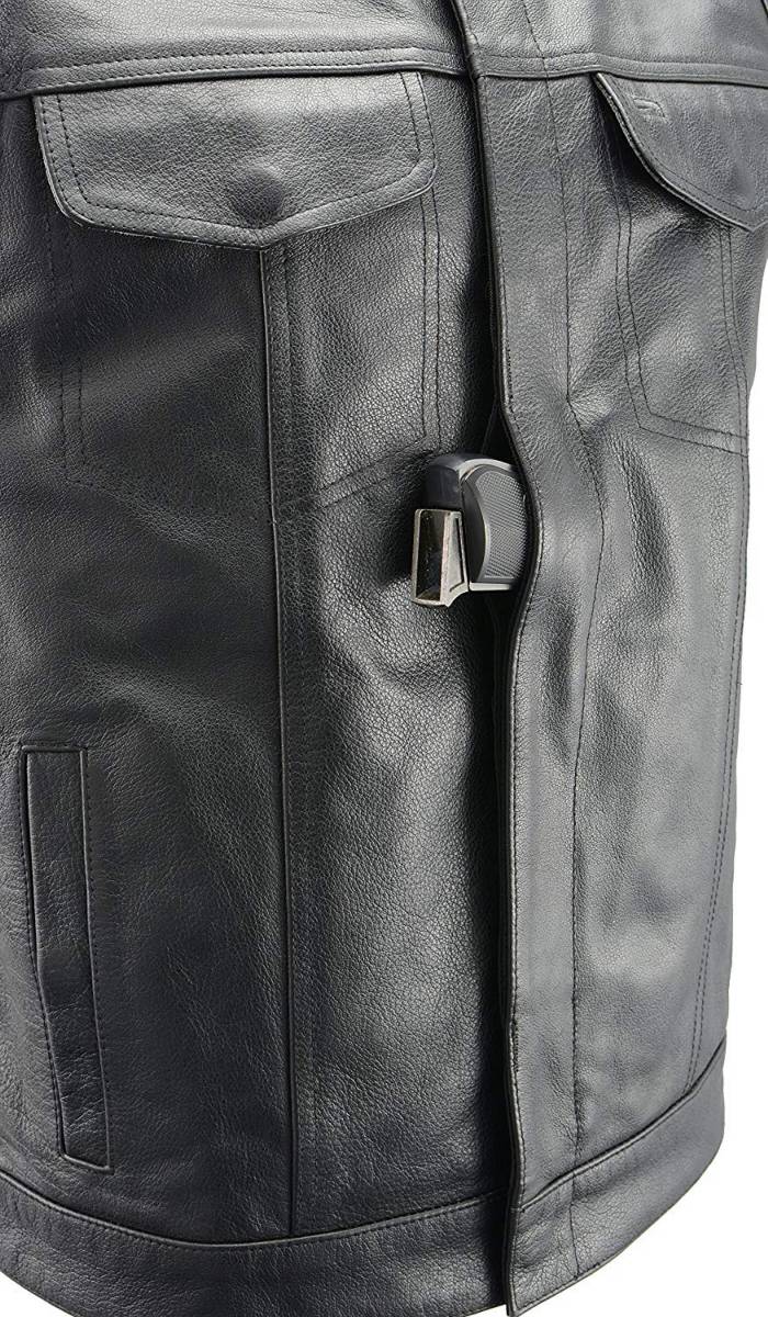 Men’s SOA Black Premium Buffalo Leather Club Style Motorcycle Rider Vest with Patch Access BZ6010 - Image 6