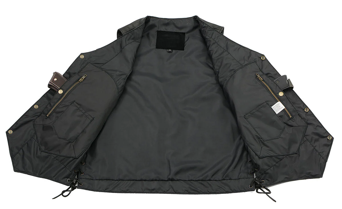 Men’s XS106 10-Pocket Classic Black Side Laced Biker Leather Vest - Image 3