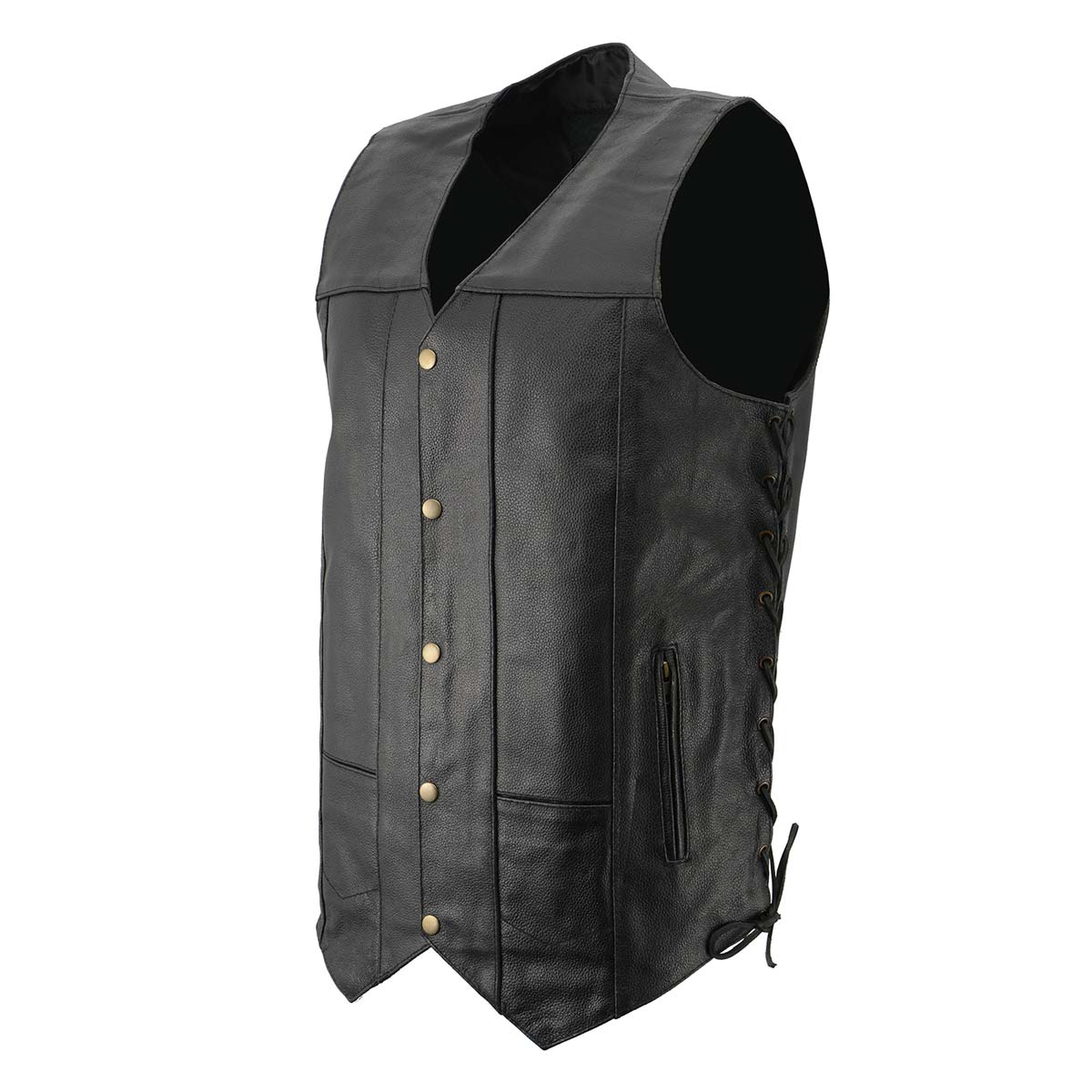Men’s XS106 10-Pocket Classic Black Side Laced Biker Leather Vest - Image 4