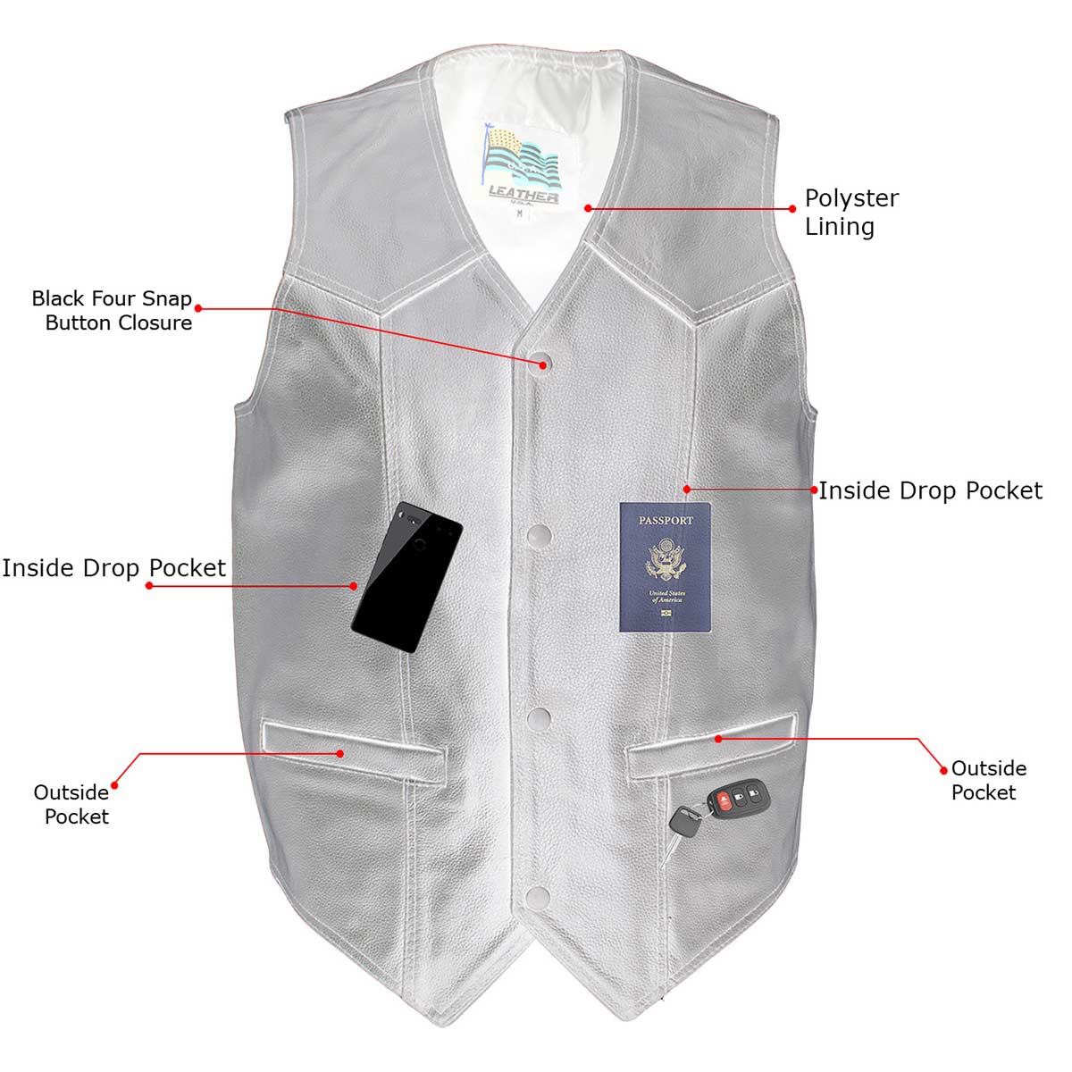 USA Leather 201 Men's Black 'Classy' Leather Motorcycle Rider Vest with Snap Button Closure - Image 2