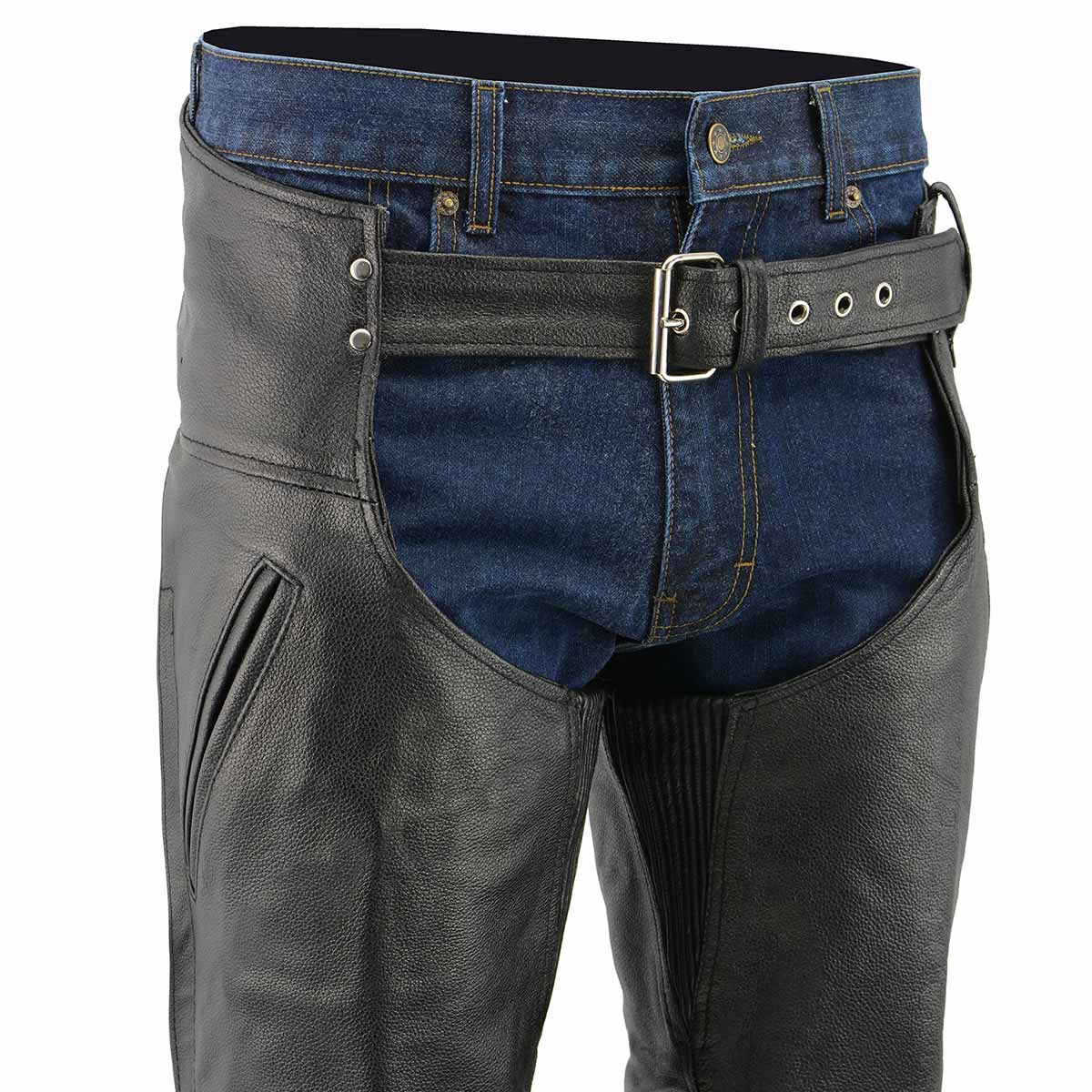 Men's XS301 Black Deep Pocket Premium Leather Motorcycle Chaps - Image 3