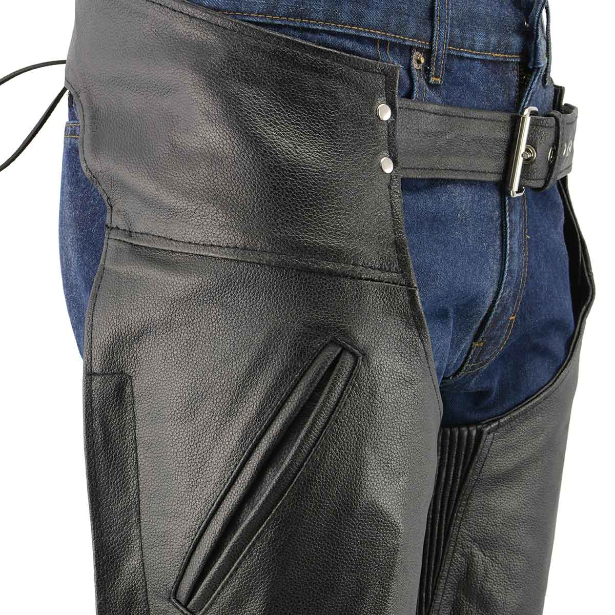 Men's XS301 Black Deep Pocket Premium Leather Motorcycle Chaps - Image 4