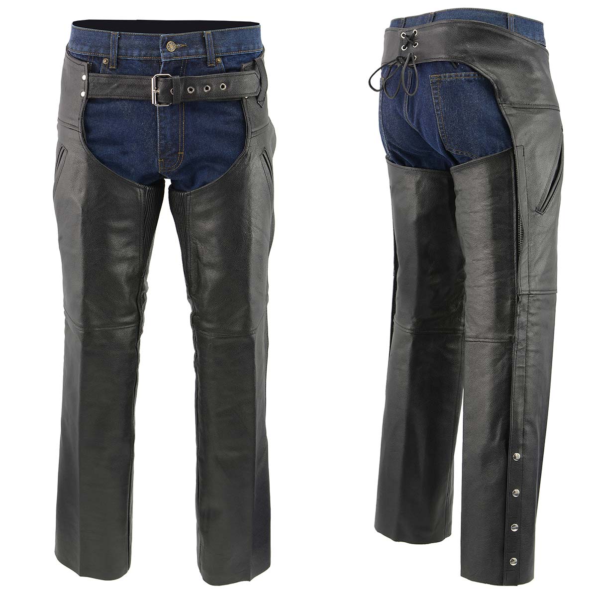Men's XS301 Black Deep Pocket Premium Leather Motorcycle Chaps - Image 5