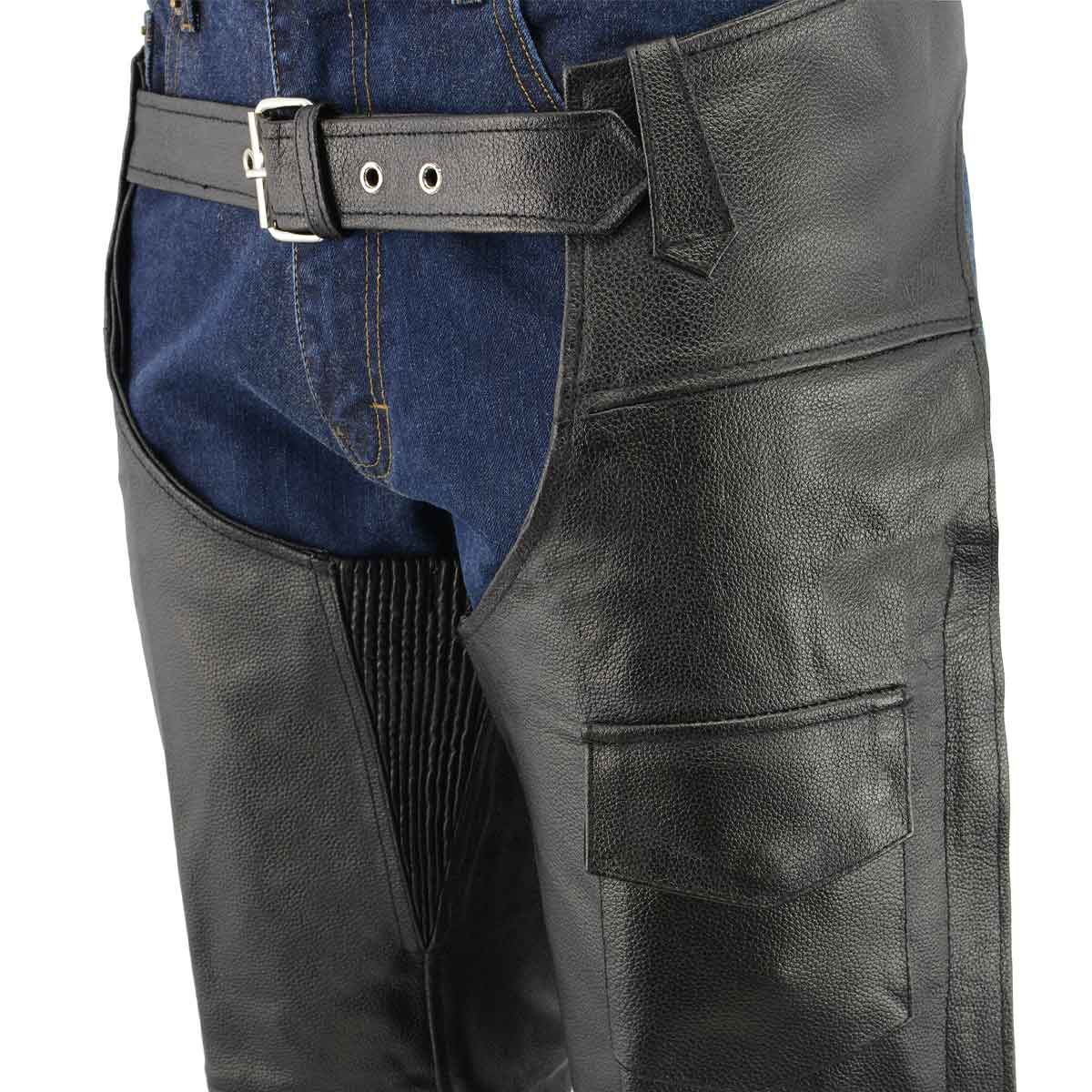Men's XS405 Classic Black Thermal Lined Leather Motorcycle Chaps with Outside Flap Pocket - Image 3