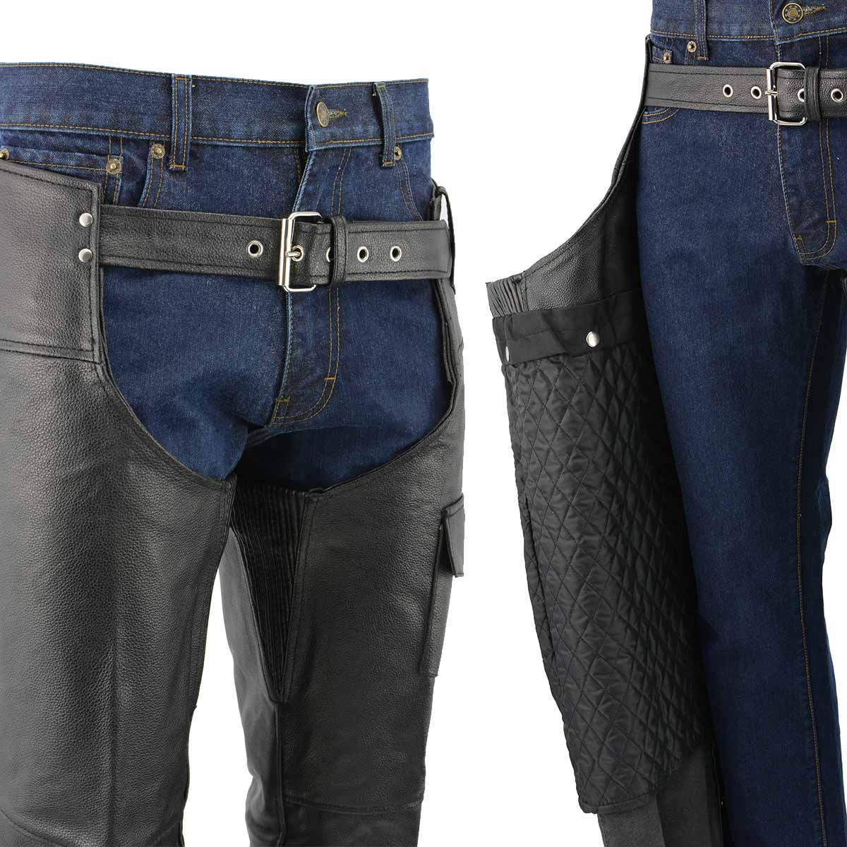 Men's XS405 Classic Black Thermal Lined Leather Motorcycle Chaps with Outside Flap Pocket - Image 4