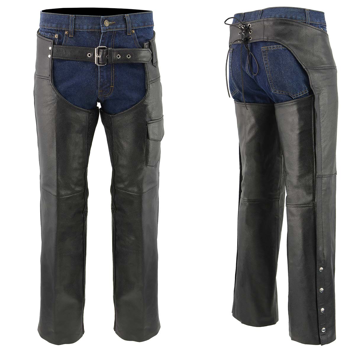 Men's XS405 Classic Black Thermal Lined Leather Motorcycle Chaps with Outside Flap Pocket - Image 6