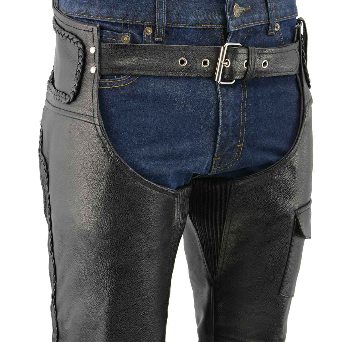 Men's XS406 Classic Black Braided Thermal Lined Leather Motorcycle Chaps with Outside Flap Pocket - Image 2