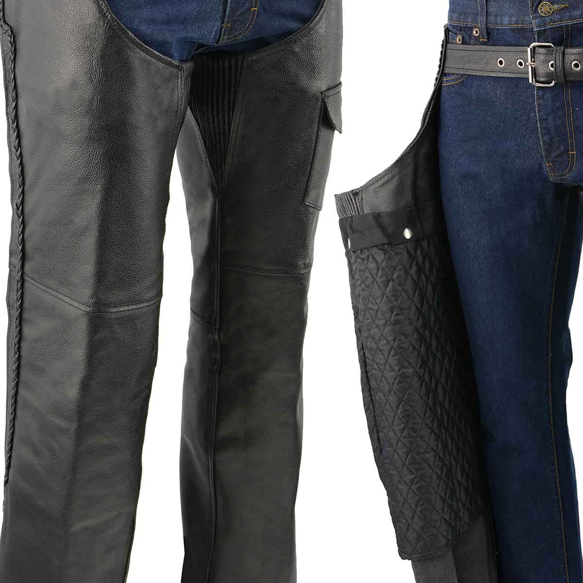 Men's XS406 Classic Black Braided Thermal Lined Leather Motorcycle Chaps with Outside Flap Pocket - Image 3