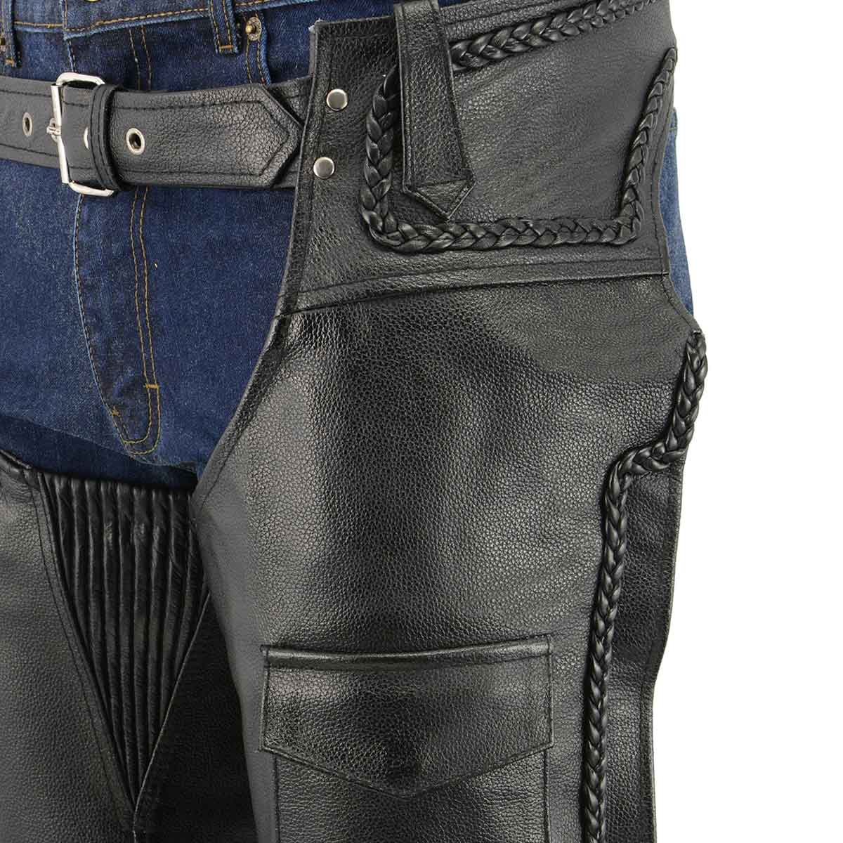 Men's XS406 Classic Black Braided Thermal Lined Leather Motorcycle Chaps with Outside Flap Pocket - Image 4