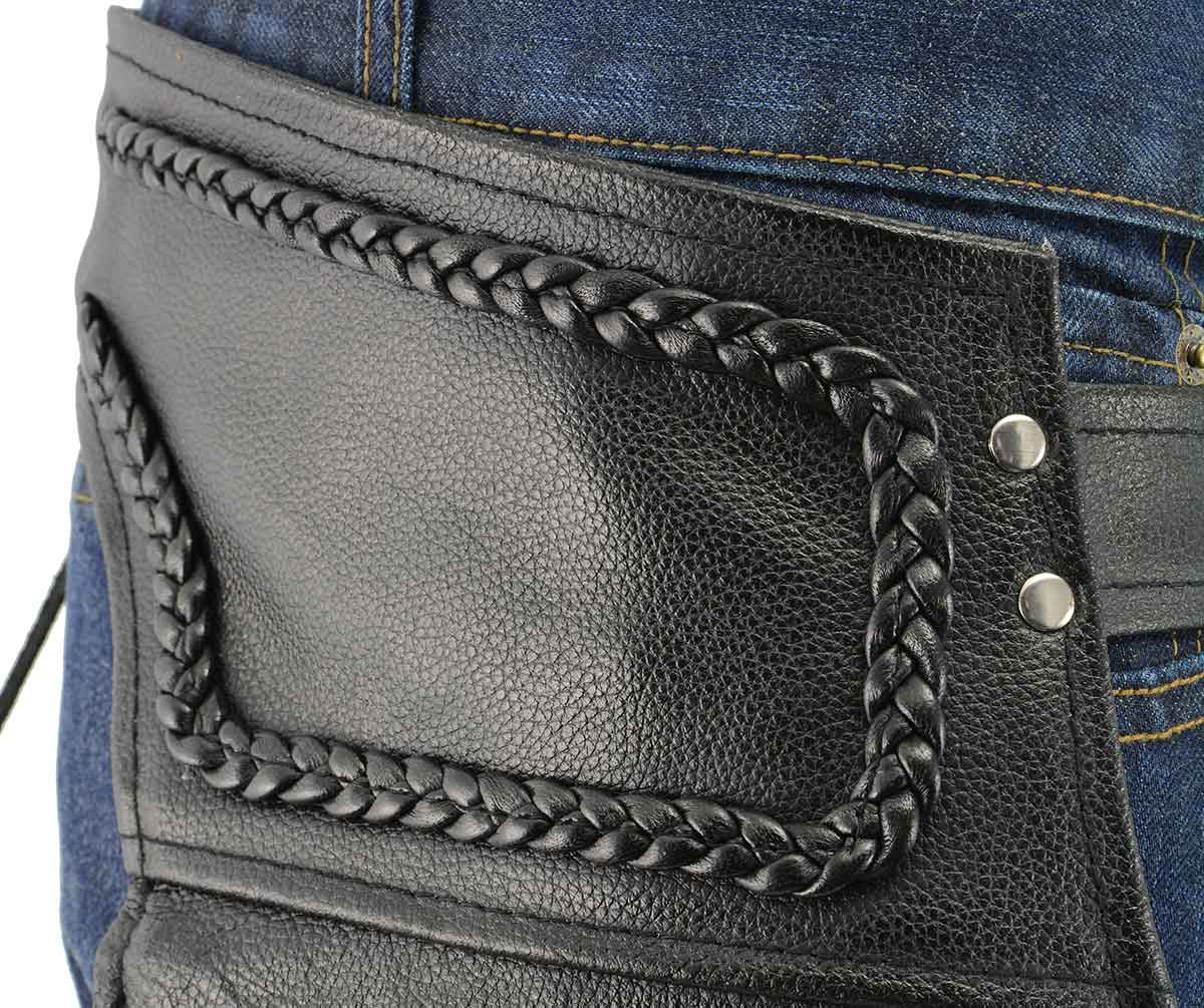 Men's XS406 Classic Black Braided Thermal Lined Leather Motorcycle Chaps with Outside Flap Pocket - Image 5