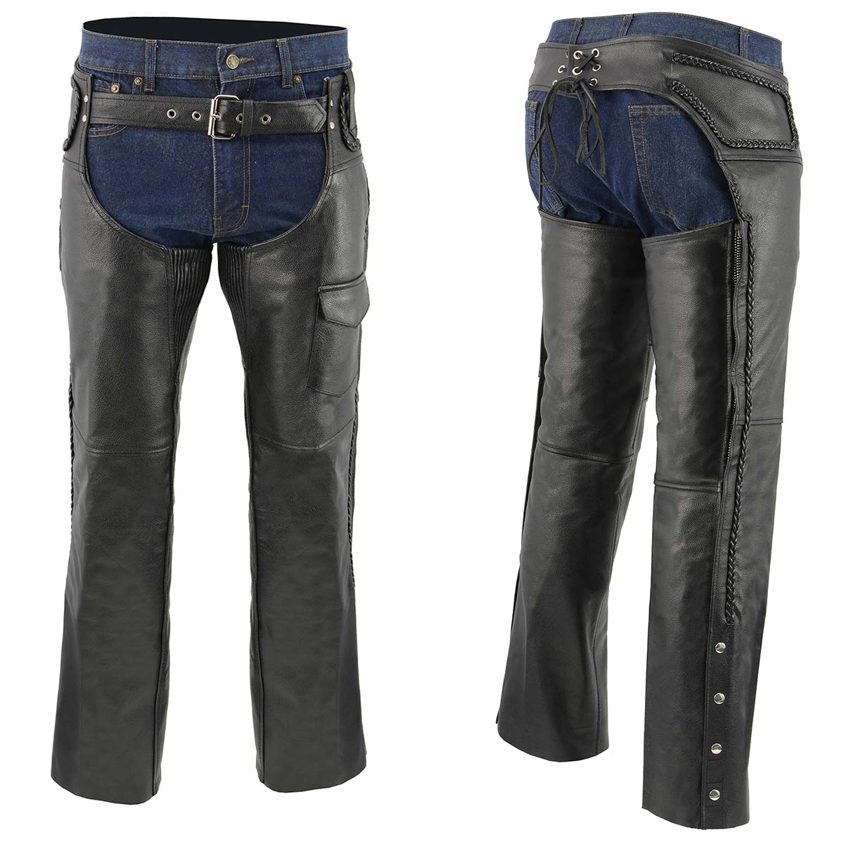 Men's XS406 Classic Black Braided Thermal Lined Leather Motorcycle Chaps with Outside Flap Pocket - Image 7