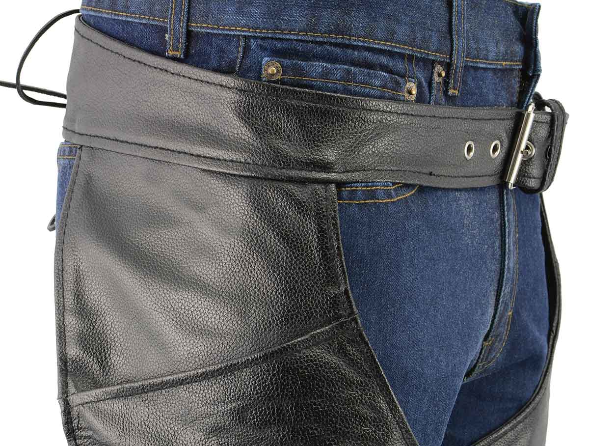 Men's XS432 Classic Black Thermal Lined Leather Motorcycle Chaps with Jean Style Pockets - Image 2