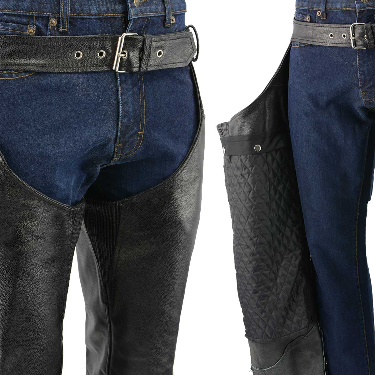 Men's XS432 Classic Black Thermal Lined Leather Motorcycle Chaps with Jean Style Pockets - Image 4